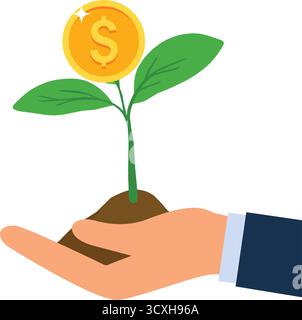 Concetto di denaro con piante che crescono dalle monete in mano. Concetto finanziario e di risparmio Illustrazione Vettoriale