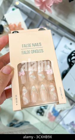 Ottawa ON, Canada - 16 agosto 2025: Scatola di unghie false tenute in mano, che mostra un design elegante con archi rosa e motivi floreali nel negozio di bellezza Foto Stock