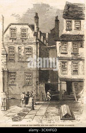 La tomba di Oliver Goldsmith, poeta e romanziere irlandese. Sepolto nei terreni della Chiesa di Santa Maria, Middle Temple, Fleet Street, Londra. Un'illustrazione del 1860. Foto Stock