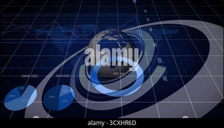 Globo 3D con anelli di dati fluttuanti nel dashboard di analisi, con grafici a torta etichette numeriche a linee Foto Stock