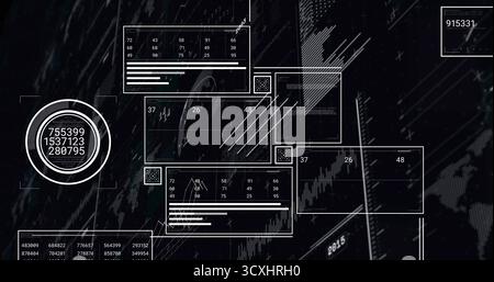 Visualizzazione di un indicatore circolare che mostra le letture numeriche sull'interfaccia digitale con pannelli, spazio di copia Foto Stock