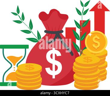 moneta in dollari con il simbolo della freccia di crescita, illustrazione del vettore icona della crescita economica e finanziaria Illustrazione Vettoriale