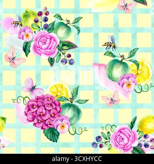 Motivo acquerello senza cuciture con rose, ortensie, mele, limoni Foto Stock