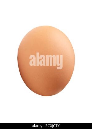 La vista laterale di un uovo di pollo marrone fresco è isolata su sfondo bianco con percorso di ritaglio. Foto Stock