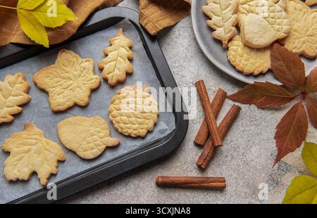 Biscotti autunnali con bastoncini di cannella e foglie colorate Foto Stock