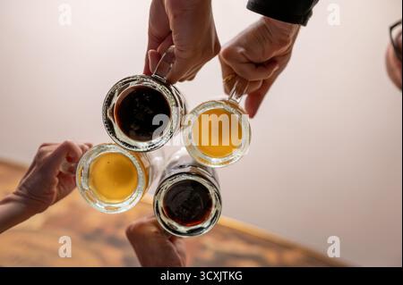 Iconica immagine concettuale di un brindisi alla birra tra amici. L'angolo basso evidenzia la parte inferiore delle tazze con birra chiara e scura. La faccia di uno di loro Foto Stock