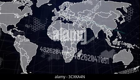 Visualizzazione di una mappa del mondo stilizzata su un'interfaccia a griglia blu scuro, con sovrapposizioni esagonali e codici numerici Foto Stock