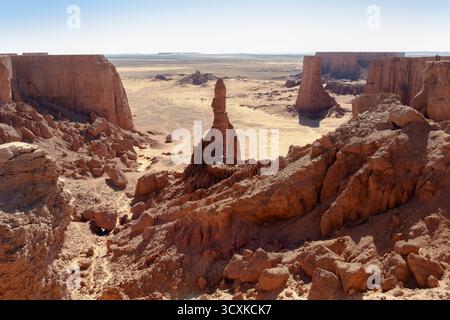 Arido paesaggio desertico che rivela un canyon geologico con formazioni rocciose uniche, l'Algeria Foto Stock