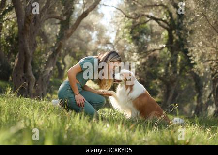 Una giovane donna si inginocchia per interagire con il suo confine Collie in una glata soleggiata. La loro connessione gioiosa viene catturata in mezzo al verde. Foto Stock