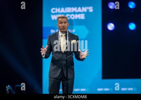 The NEC, Birmingham, Regno Unito – 5 settembre 2025 David Bull, presidente di Reform UK, pronuncia l'discorso di apertura ai delegati alla Reform UK Conference 2025. Foto Stock