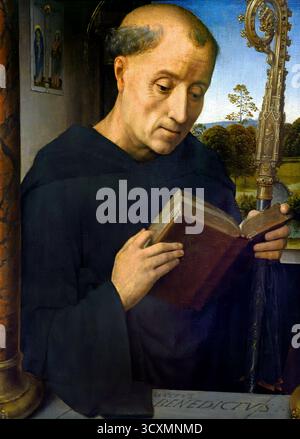 San Benedetto 1487 Hans Memling (Memlinc ) 1430–1494 pittore tedesco che si trasferì nelle Fiandre e lavorò nella tradizione della prima pittura olandese. Hans Memling (c. 1430–1494) è stato un pittore fiammingo della prima tradizione fiamminga, noto per le sue opere religiose e per i ritratti rivoluzionari della classe mercantile emergente, che ha portato la sua reputazione internazionale e influenza in Italia. Fu un artista di successo che fu tra i cittadini più ricchi della città di Bruges alla sua morte Foto Stock