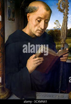 San Benedetto 1487 Hans Memling (Memlinc ) 1430–1494 pittore tedesco che si trasferì nelle Fiandre e lavorò nella tradizione della prima pittura olandese. Hans Memling (c. 1430–1494) è stato un pittore fiammingo della prima tradizione fiamminga, noto per le sue opere religiose e per i ritratti rivoluzionari della classe mercantile emergente, che ha portato la sua reputazione internazionale e influenza in Italia. Fu un artista di successo che fu tra i cittadini più ricchi della città di Bruges alla sua morte Foto Stock