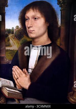 Benedetto Portinari 1487 Hans Memling (Memlinc ) 1430–1494 pittore tedesco che si trasferì nelle Fiandre e lavorò nella tradizione della pittura primitiva fiamminga. Hans Memling (c. 1430–1494) è stato un pittore fiammingo della prima tradizione fiamminga, noto per le sue opere religiose e per i ritratti rivoluzionari della classe mercantile emergente, che ha portato la sua reputazione internazionale e influenza in Italia. Fu un artista di successo che fu tra i cittadini più ricchi della città di Bruges alla sua morte Foto Stock
