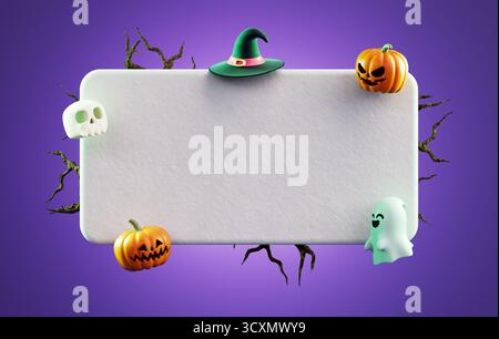 Casella di testo vuota per il messaggio di buon Halloween con zucche, cappello da strega, teschio e fantasma su sfondo viola nell'illustrazione 3D. Foto Stock