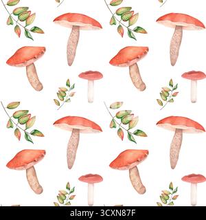 Motivo acquerello senza cuciture: Funghi e foglie autunnali Foto Stock