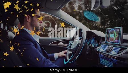 Il conducente di monitoraggio rivede la navigazione con ologramma nella cabina dell'auto, coriandoli dorati galleggianti, spazio fotocopie Foto Stock