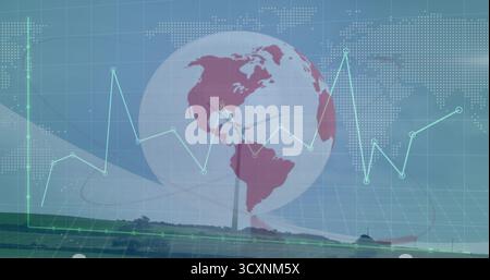 Visualizzazione del globo rosso sopra i pannelli solari, della turbina eolica in grafica energetica con sovrapposizioni e mappa della griglia Foto Stock