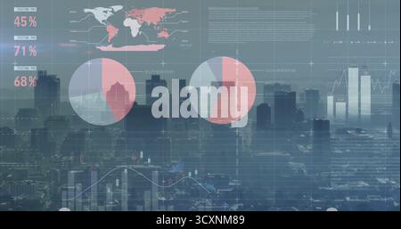 La visualizzazione dell'analisi digitale si sovrappone allo skyline della città, con mappa del mondo, carte ed etichette numeriche Foto Stock