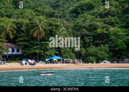 I turisti si riuniscono su una spiaggia circondata dalla foresta pluviale atlantica, con barche da pesca, ombrelloni e nuotatori lungo la riva. Foto Stock