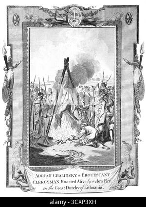 Illustrazione di Adrian Chalinsky, un ecclesiastico protestante arrostito vivo da un fuoco lento con mani e piedi legati dietro la schiena nel grande Ducato Foto Stock