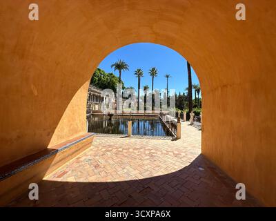 Vista del Giardino reale dell'Alcázar da un arco. Pittoresco giardino di Siviglia, Andalusia, Spagna Foto Stock