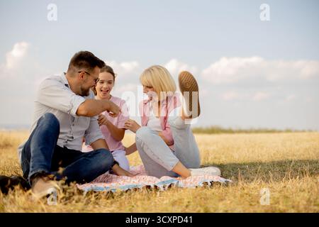 Una famiglia trascorre del tempo insieme all'aperto, giocando su una coperta colorata in un campo erboso. Il sole del tardo pomeriggio crea un caldo e gioioso a Foto Stock