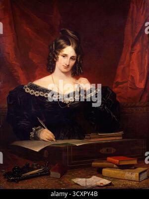 «Donna sconosciuta, precedentemente nota come Mary Wollstonecraft Shelley» 1831 dipinto dell'artista britannico Samuel John Stump (1778-1863) che mostra un ritratto a mezza lunghezza di una donna seduta ad una scrivania, vestito con un abito in raso nero con finiture in pizzo bianco, tenendo una quill nella mano destra e un ciondolo d'oro sulla sinistra. Foto Stock