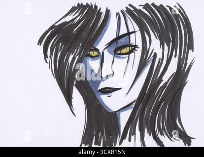 Ritratto in bianco e nero in stile manga di una donna sicura di sé disegnata con pennarelli, con occhi verdi brillanti e un look audace ed espressivo. Foto Stock