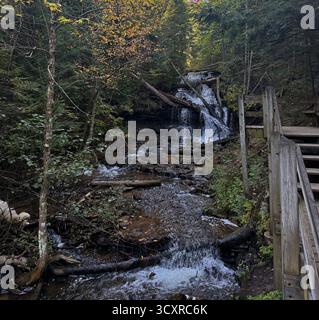 Cascate di Wagner che si estendono lungo una collina, su rocce e alberi caduti, nella foresta, a Munising, Michigan, Stati Uniti, con una piattaforma di visualizzazione laterale Foto Stock