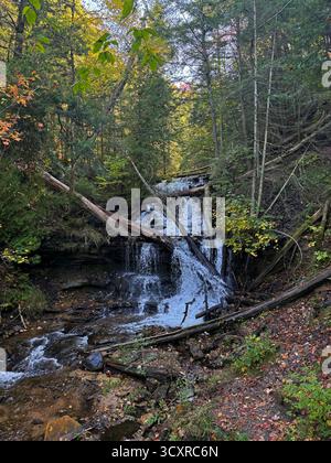 Cascate Wagner Falls che scendono lungo una collina, su rocce e alberi caduti, nella foresta, a Munising, Michigan, Stati Uniti Foto Stock