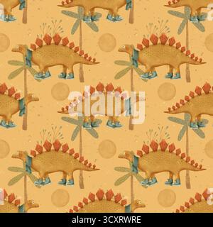 Divertente motivo di stegosauro per l'arredamento e l'abbigliamento dei bambini con dinosauri colorati e fogliame. Motivo senza cuciture per bambini disegnato a mano, perfetto per la stampa su tessuti e carta da imballaggio. Foto Stock