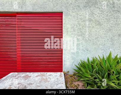 Architettura moderna con una porta con ferri di colore rosso adagiata su una parete di cemento testurizzato, accompagnata da un lussureggiante fogliame verde Foto Stock