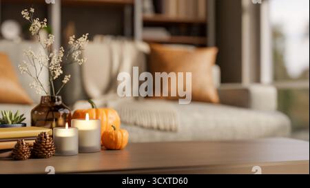 Zucca arancione di halloween con candele su tavolo in legno, divano e finestra in soggiorno. Decorazione dell'ambiente, rendering 3D, illustrazione 3D. Foto Stock