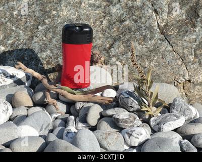 Vaso di bellezza rosso in plastica sullo sfondo di elementi naturali. Cosmetici e cura del viso e dei capelli. Modello per la progettazione. Prodotti ecocompatibili Foto Stock