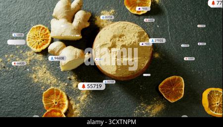 Ciotola di zenzero in polvere seduta in studio con radice di zenzero, agrumi secchi e badge di notifica fluttuanti Foto Stock