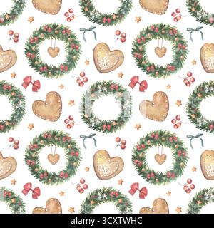 Perfetto motivo natalizio con corone, archi, arance, frutti di bosco e biscotti decorati con festività. Fermaglio disegnato a mano isolato su bianco per carta da imballaggio Foto Stock