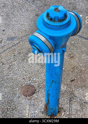 vecchio idrante metallico blu sul terreno Foto Stock