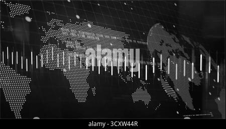 Visualizzazione di una mappa del mondo punteggiata che mostra le barre dei dati verticali in aumento sul dashboard, con sovrapposizione griglia Foto Stock