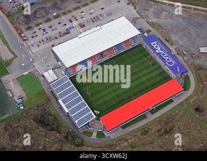 Vista aerea del CorpAcq Stadium (ex AJ Bell Stadium), sede della squadra di rugby a 13 dei Salford Red Devils e della squadra di rugby dei sale Sharks Foto Stock
