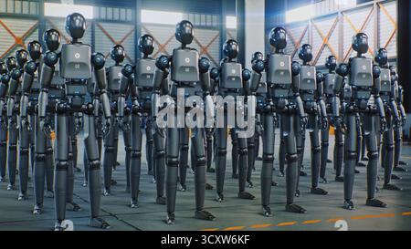 Un gruppo di robot umanoidi identici si trova in Perfect Formation all'interno del magazzino industriale. Concetto di intelligenza artificiale, evoluzione della robotica, automazione, ascesa della tecnologia futuristica. Colpo di Dolly. Foto Stock