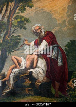 Illustrazione del processo della fede di Abramo - Abramo che offre Isacco (Genesi) dalle letture della domenica pittorica del XIX secolo del reverendo William Owen volume 1 Foto Stock