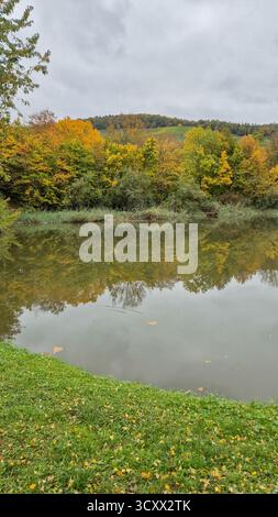 Paesaggio autunnale con alberi colorati che si riflettono nelle calme acque del lago, paesaggi autunnali sereni e fogliame vibrante Foto Stock
