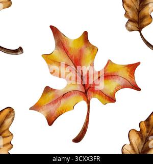 Motivo autunnale senza cuciture di foglie di acero e quercia, simbolo della caduta delle foglie, della raccolta e dell'appassimento della natura. Acquerello disegnato a mano e matite colorate Foto Stock