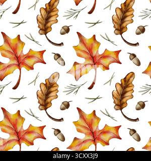 Motivi autunnali senza cuciture di foglie di acero e quercia, con ghiande, ramoscelli e aghi di pino che simboleggiano la caduta delle foglie, la raccolta e l'appassimento della natura Foto Stock