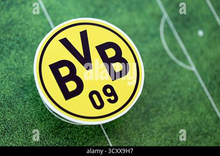 KIEV, UCRAINA - 23 FEBBRAIO 2025 il distintivo della squadra di calcio Borussia Dortmund si trova sullo sfondo del campo di calcio Foto Stock