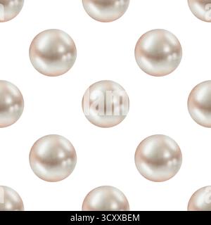 Motivo ad acquerello senza cuciture con perle bianche su sfondo bianco. Ideale per imballaggi di gioielli, marchi di cosmetici, inviti di nozze e design elegante in tessuto o carta. Foto Stock