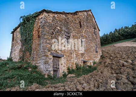 Vecchio rifugio per animali e attrezzi agricoli che cerca di resistere al passare del tempo. Stiolo, comune di Monghidoro, città mtropolitana di Bolog Foto Stock