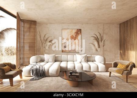 Soggiorno boho neutro con arte astratta Foto Stock