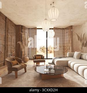 Soggiorno caldo con persiane in legno Foto Stock