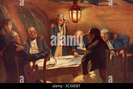 La notte prima di Trafalgar, c1910. Di Fred Roe (1864-1947). Nelson raffigurato sulla HMS Victory, con i suoi capitani, la notte prima della battaglia di Trafalgar. La battaglia di Trafalgar fu uno scontro navale che ebbe luogo il 21 ottobre 1805 tra la Royal Navy e una flotta combinata di marine francesi e spagnole durante la guerra della terza coalizione. Foto Stock